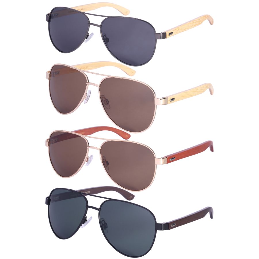 POLARIZED AVIATOR BAMBOO TEMPLES UNISEX SUNGLASSES IN BULK 25065BM-P