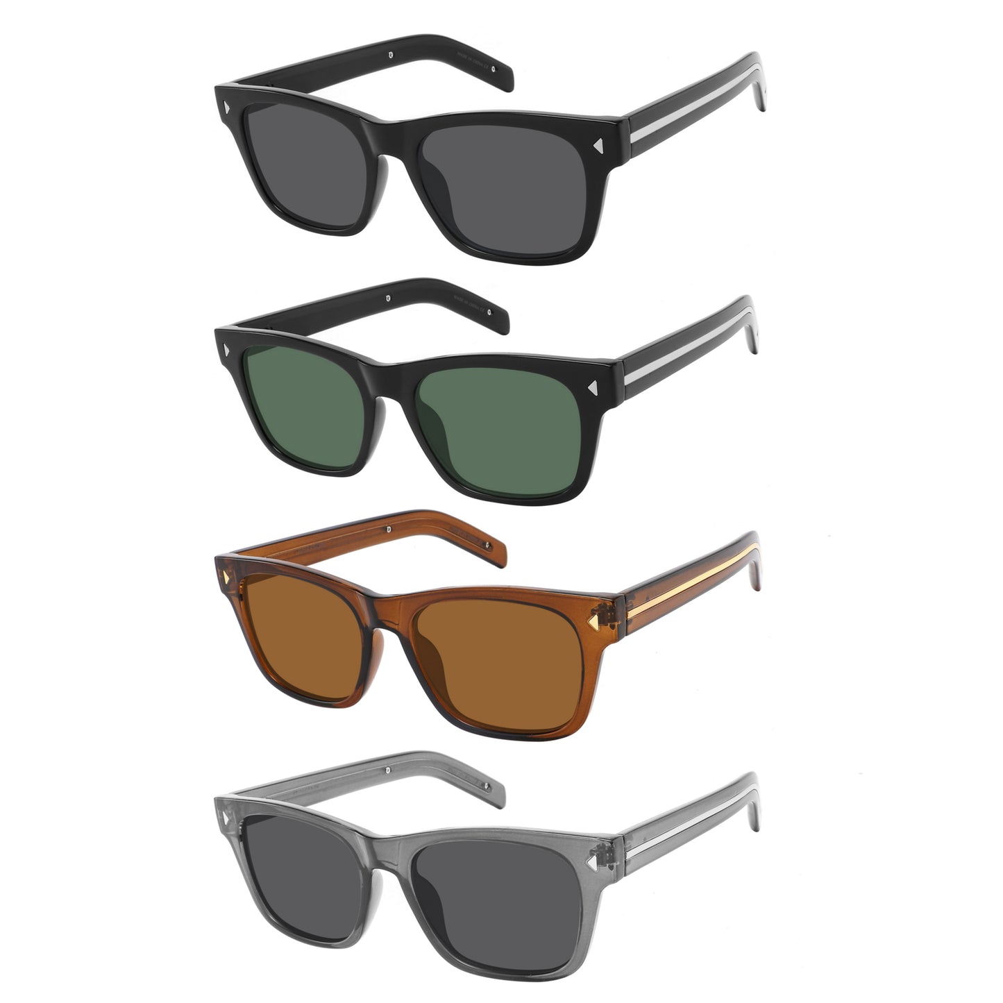 Step into timeless style with these classic retro-style sunglasses and subtle metal diamond rivet accents at the corners.