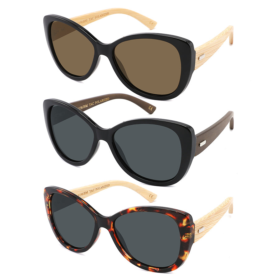 POLARIZED BAMBOO TEMPLES CAT EYE LADIES SUNGLASSES WHOLESALE 34196BM-P