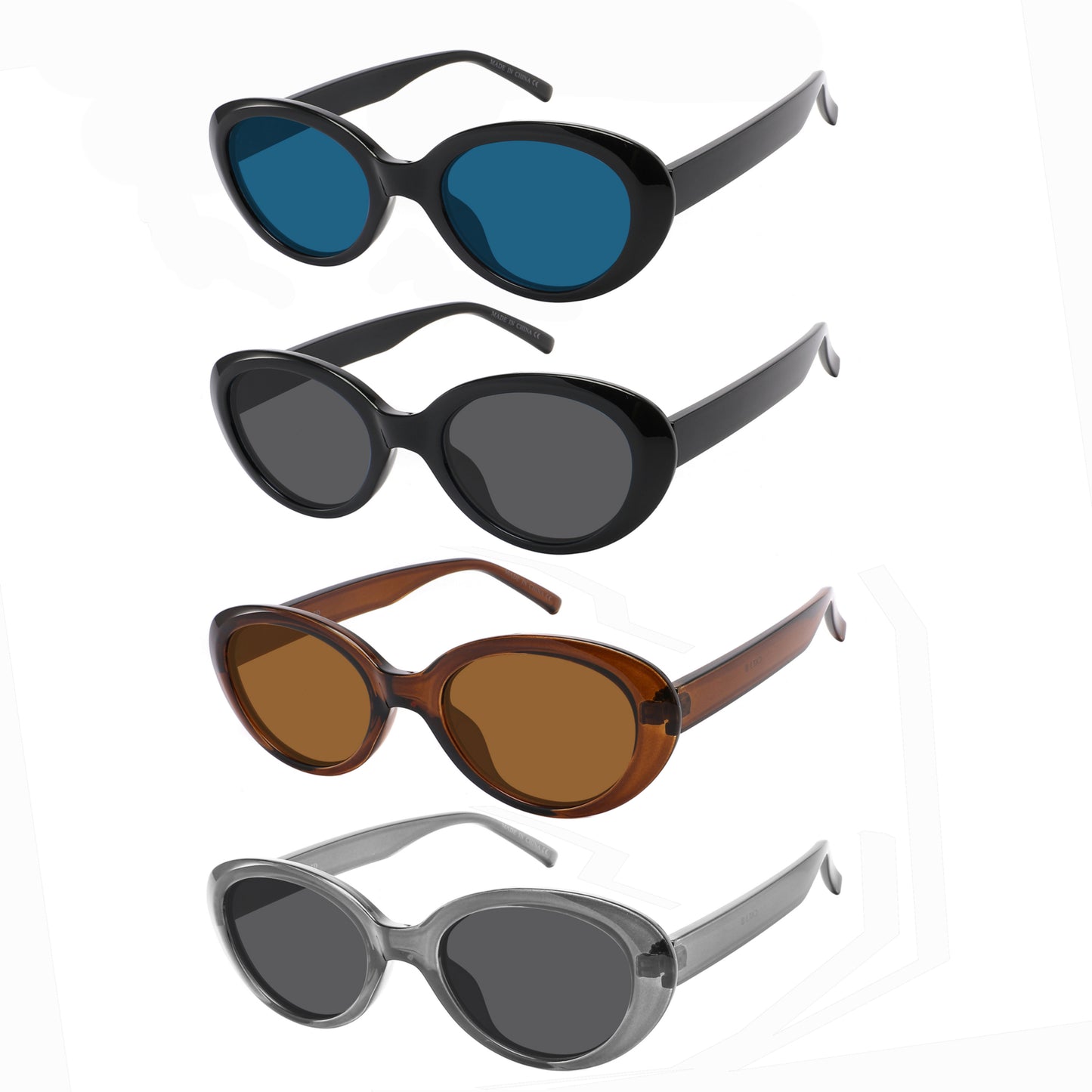Retro oval sunglasses, assorted 3 pieces per color on the dozen, UV400 protection lenses, unisex vintage 90's style eyewear