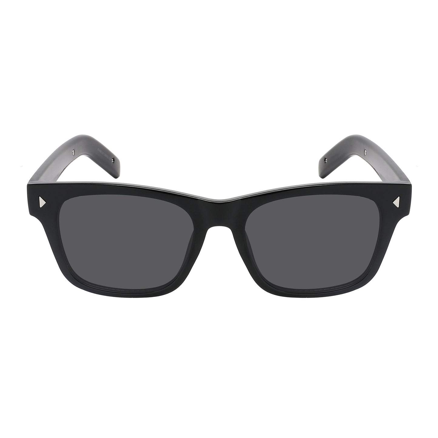 Step into timeless style with these classic retro-style sunglasses, sleek black frame and dark smoke lenses, and subtle metal diamond rivet accents at the corners.