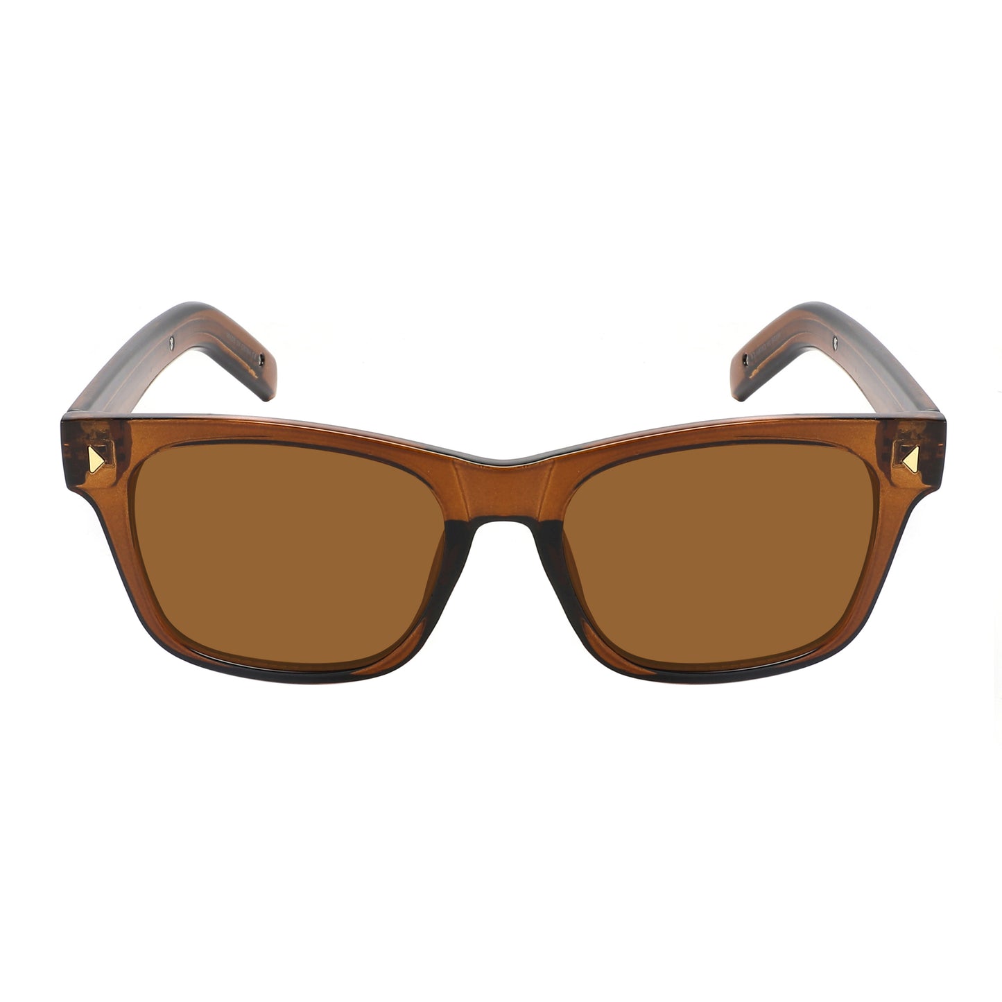 Step into timeless style with these classic retro-style sunglasses, with a sleek crystal brown frame and dark brown lenses and subtle metal diamond rivet accents at the corners.