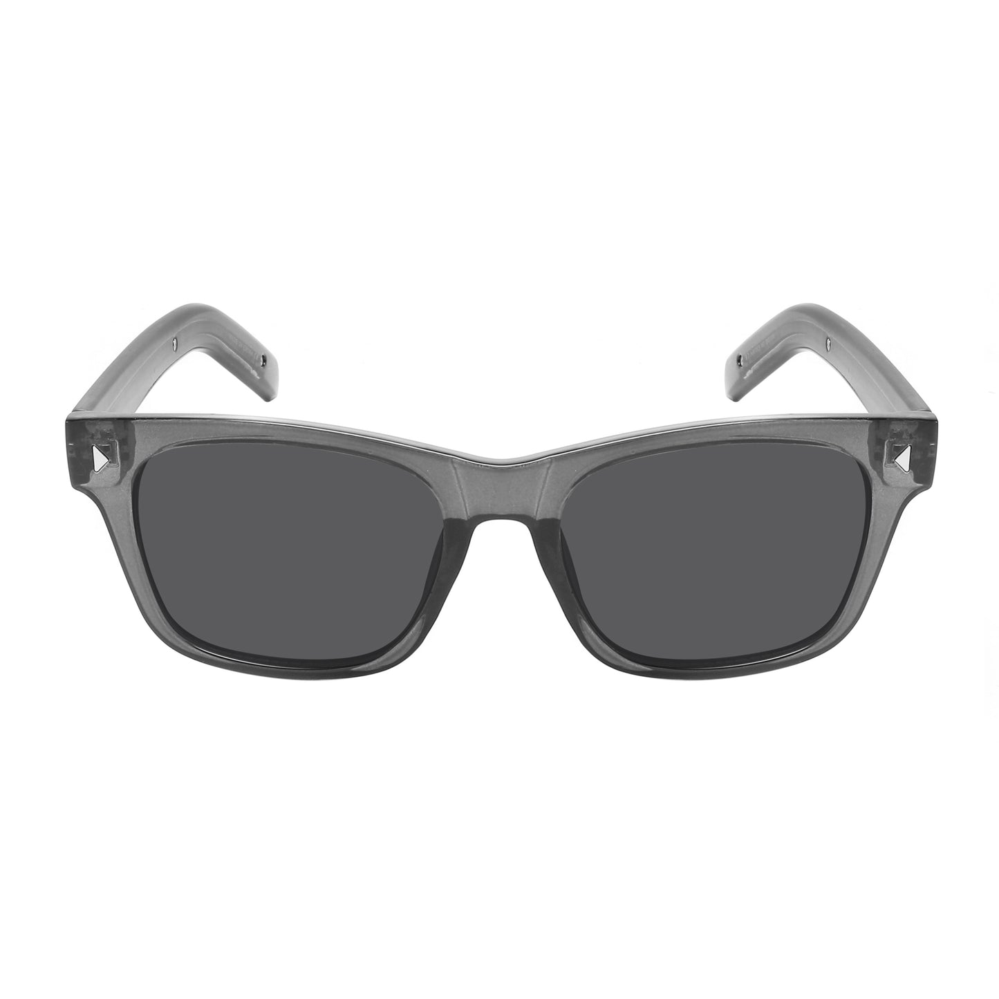 Step into timeless style with these classic retro-style sunglasses, sleek crystal gray frame and dark smoke lenses, and subtle metal diamond rivet accents at the corners.