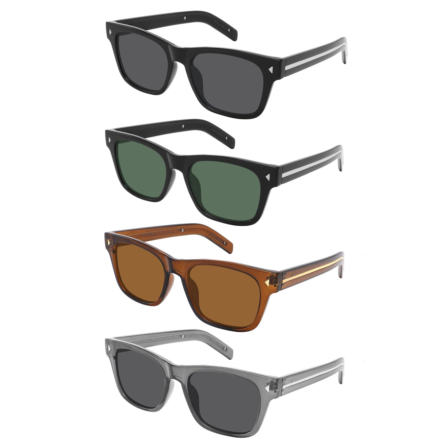 Step into timeless style with these classic retro-style sunglasses, 3 pieces per color in the dozen. subtle metal diamond rivet accents at the corners.