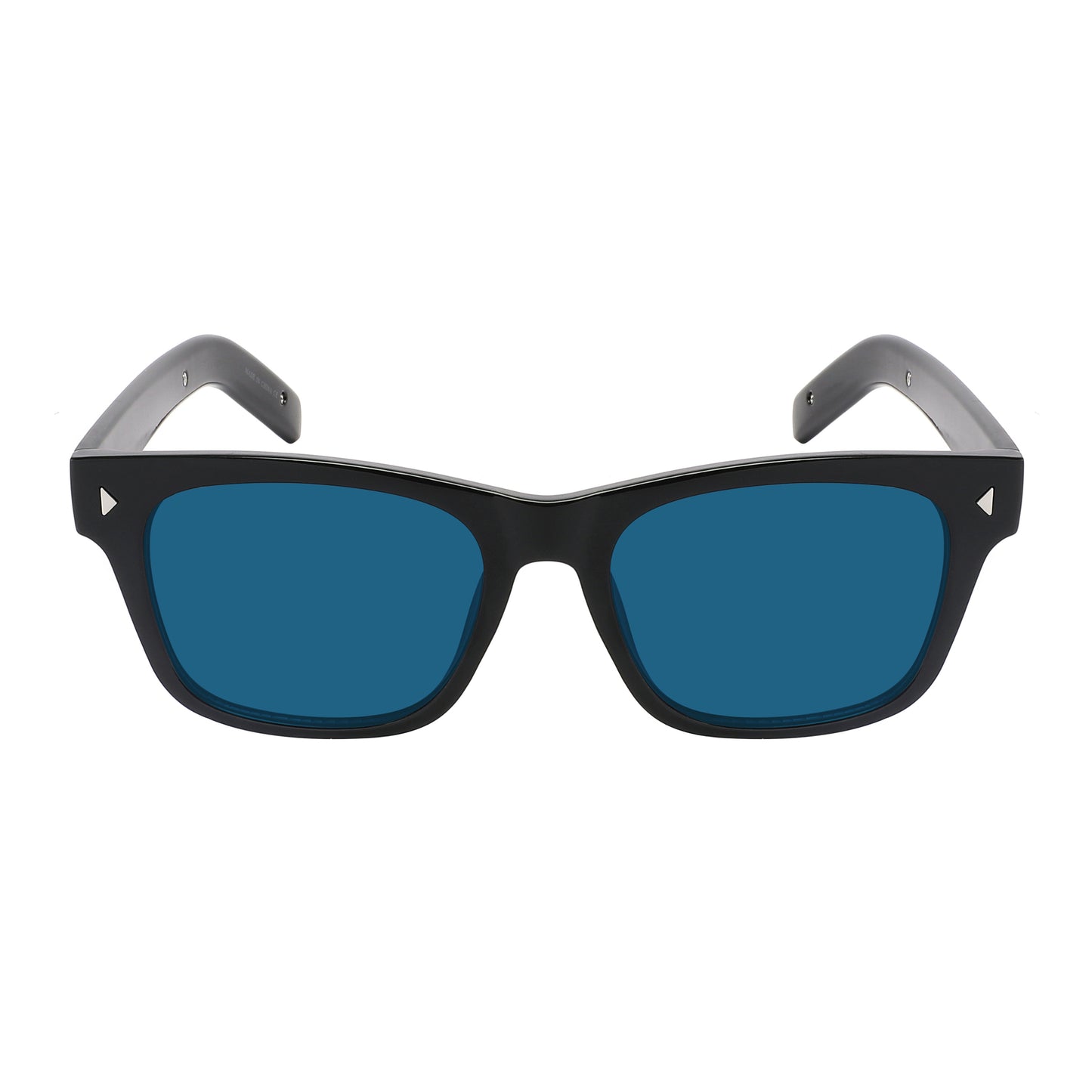 Timeless style with these classic retro sunglasses, featuring a sleek black frame, dark Blue polycarbonate lenses, and subtle metal diamond rivet accents.