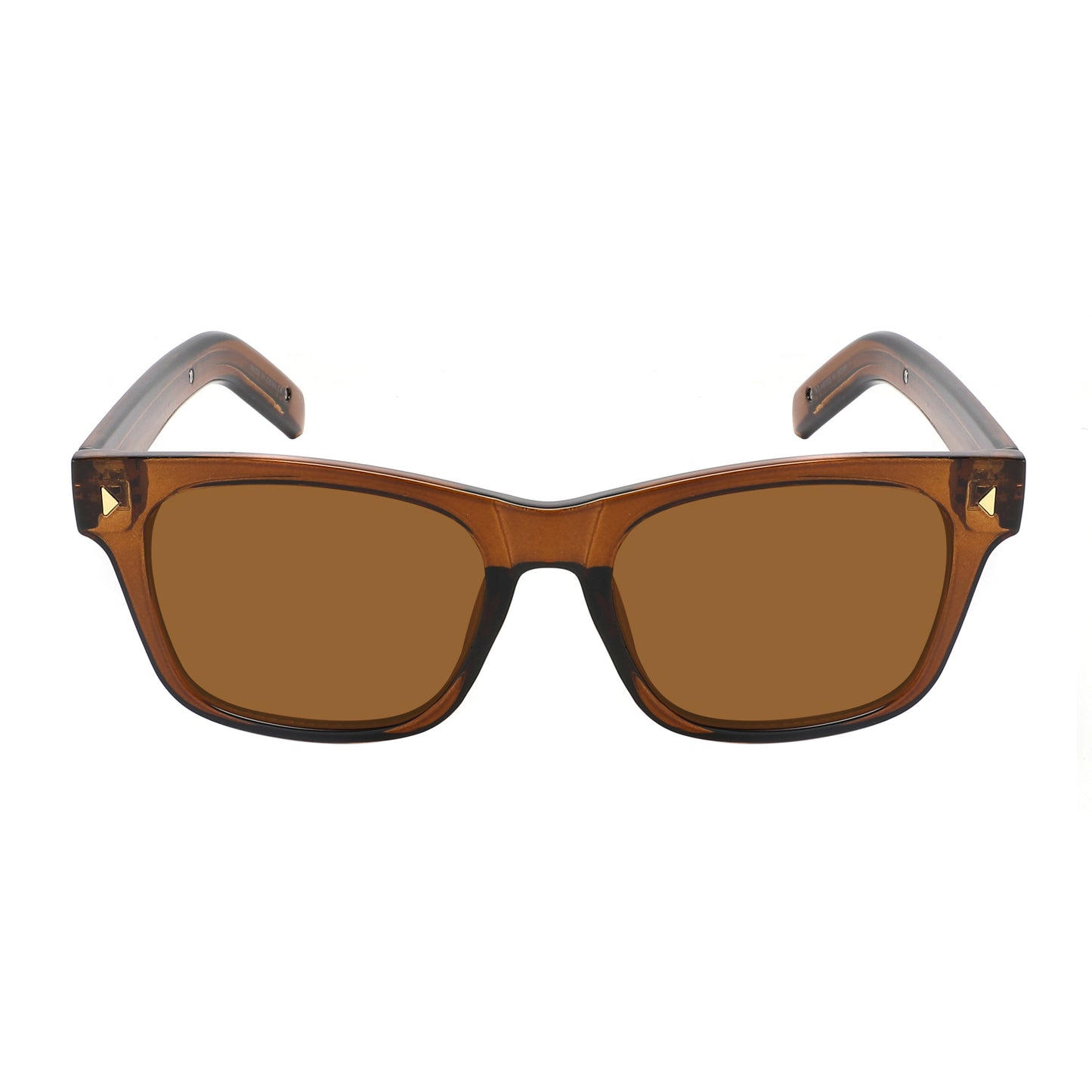 Timeless style with these classic retro sunglasses, featuring a sleek crystal brown frame, dark brown polycarbonate lenses, and subtle metal diamond rivet accents.