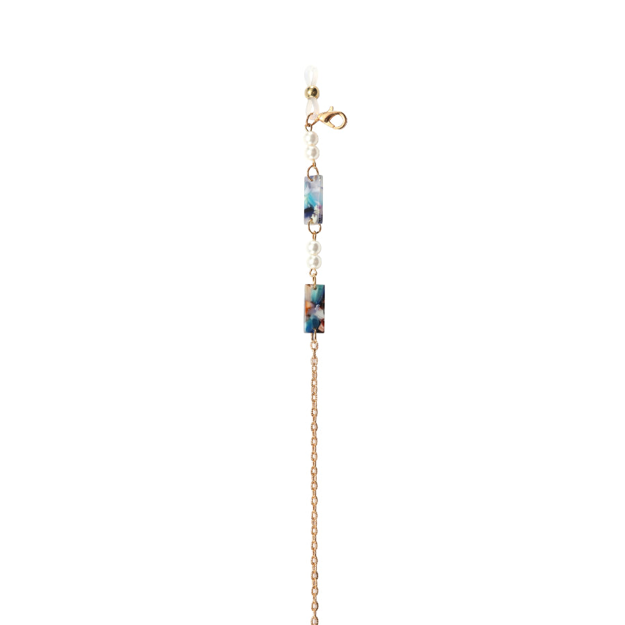 GOLD METAL AND BLUE ACETATE WITH PEARLS EYEGLASS & MASK CHAIN-3-BU