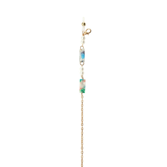 GOLD METAL AND GREEN ACETATE WITH PEARLS EYEGLASS & MASK CHAIN-3-GN