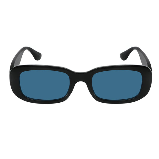 Retro square sunglasses with glossy black frame, blue lenses and gold details, 90s style, unisex, vintage