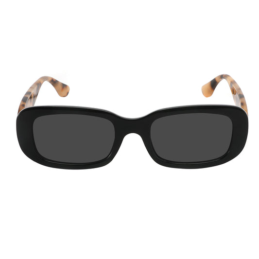 Retro square sunglasses with glossy black frame, Smoke gray lenses, animal print temple, and gold details, 90s style, unisex, vintage