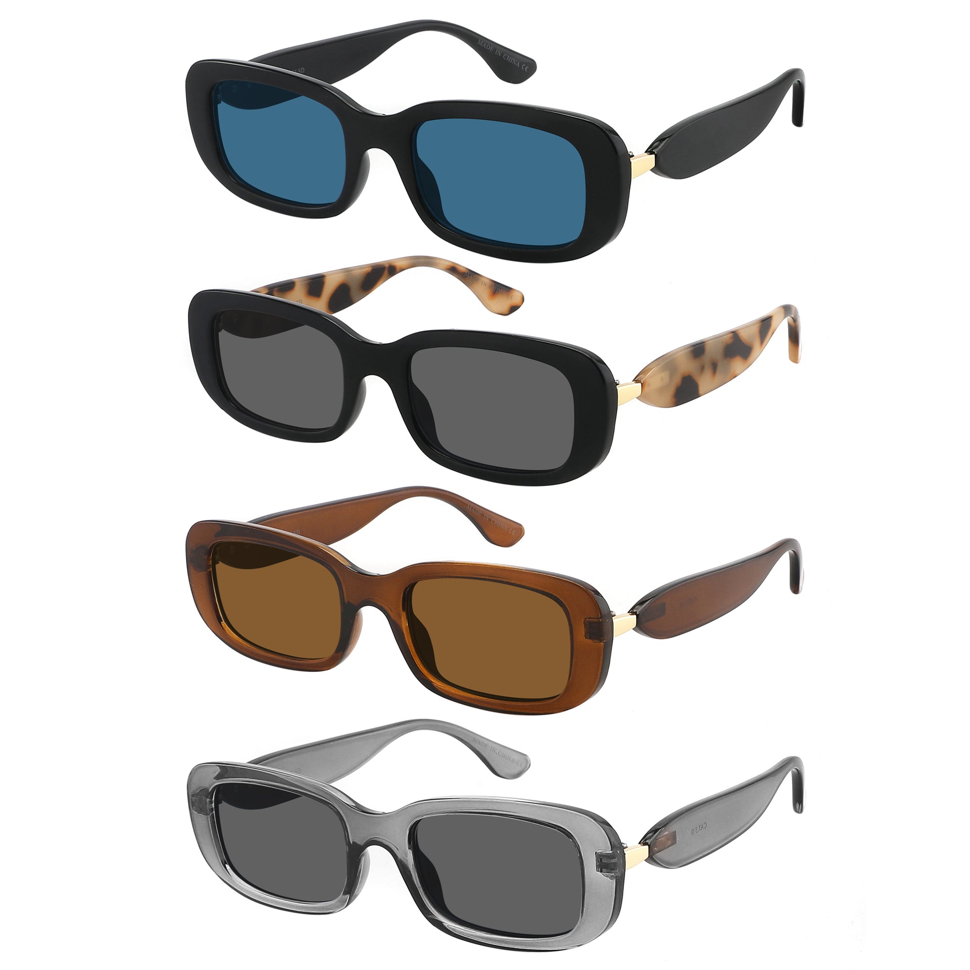 Retro square sunglasses, 3 pieces per color in the dozen, UV 400 protection lenses and gold details, 90s style, unisex, vintage