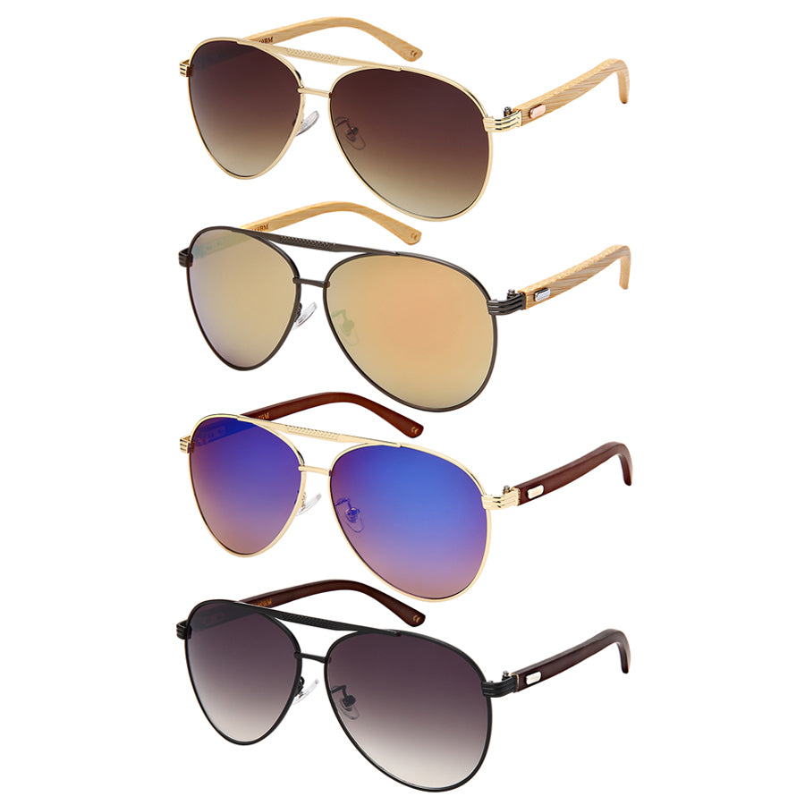Aviator Bamboo Temple Mirror Sunglasses Wholesale | Unisex UV400 | 5169BM-REV