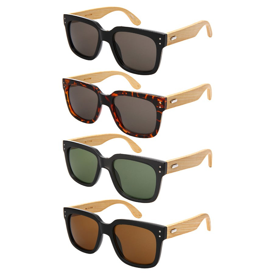 SQUARE BAMBOO W/BAG UNISEX SUNGLASSES BULK 541102BM-SD-BAG