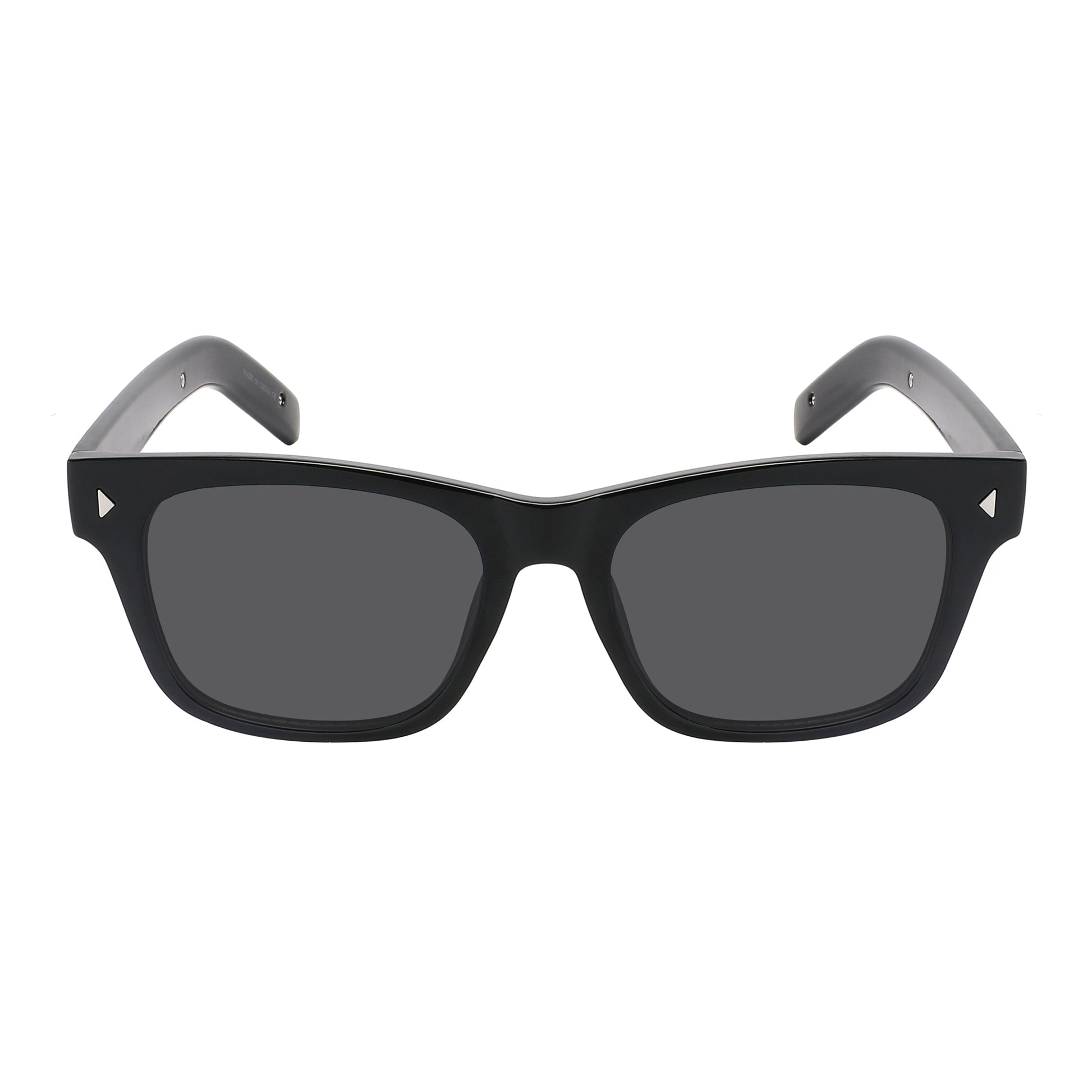 Step into timeless style with these classic retro-style sunglasses, sleek black frame and dark smoke lenses, and subtle metal diamond rivet accents at the corners. 
