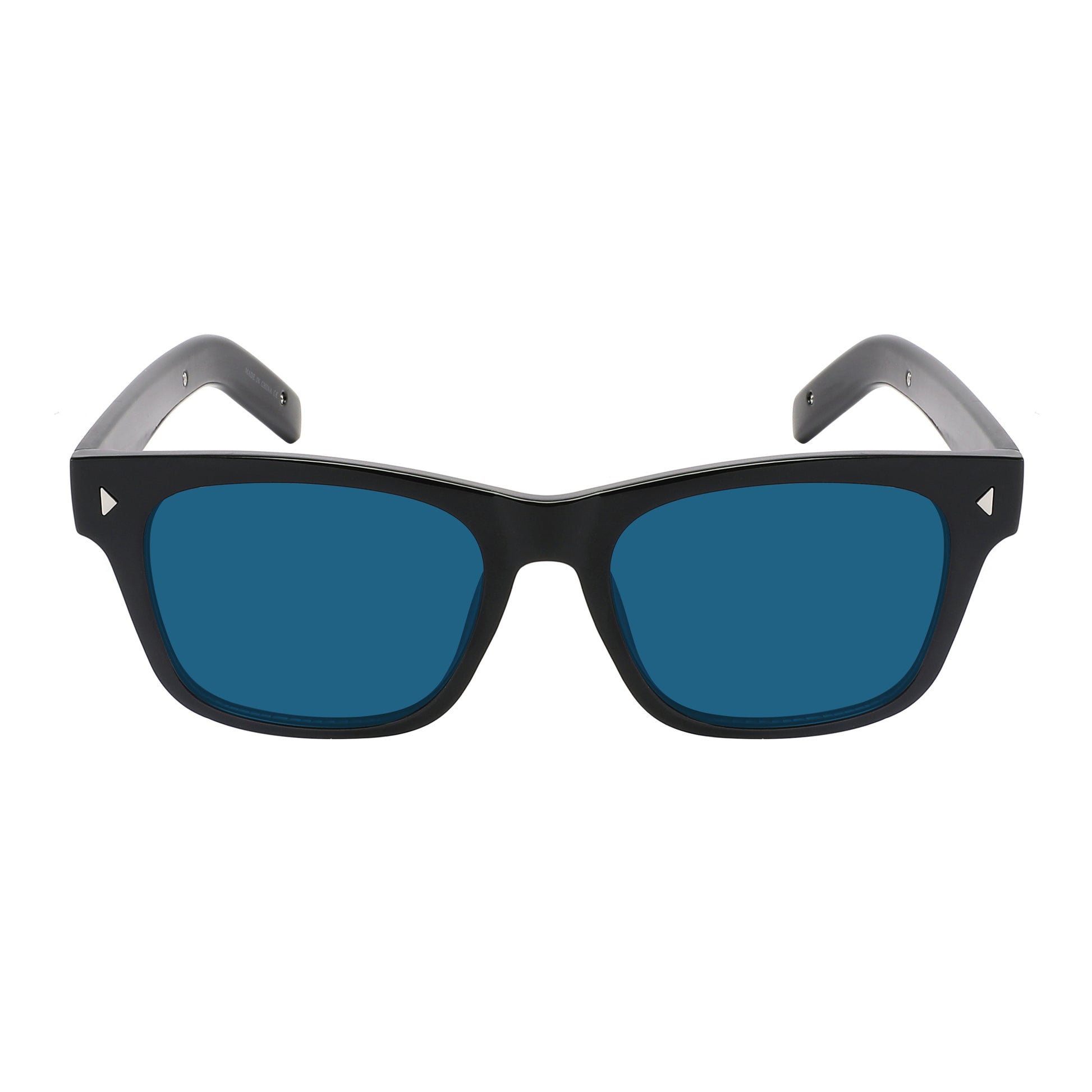 Timeless style with these classic retro sunglasses, featuring a sleek black frame, dark Blue polycarbonate lenses, and subtle metal diamond rivet accents.