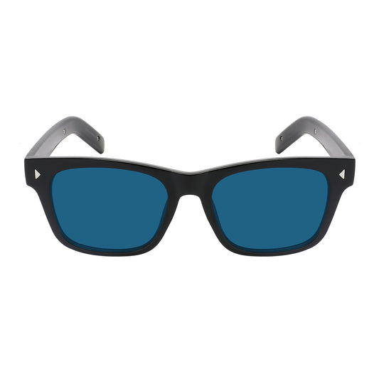 Timeless style with these classic retro sunglasses, featuring a sleek black frame, dark Blue polycarbonate lenses, and subtle metal diamond rivet accents.