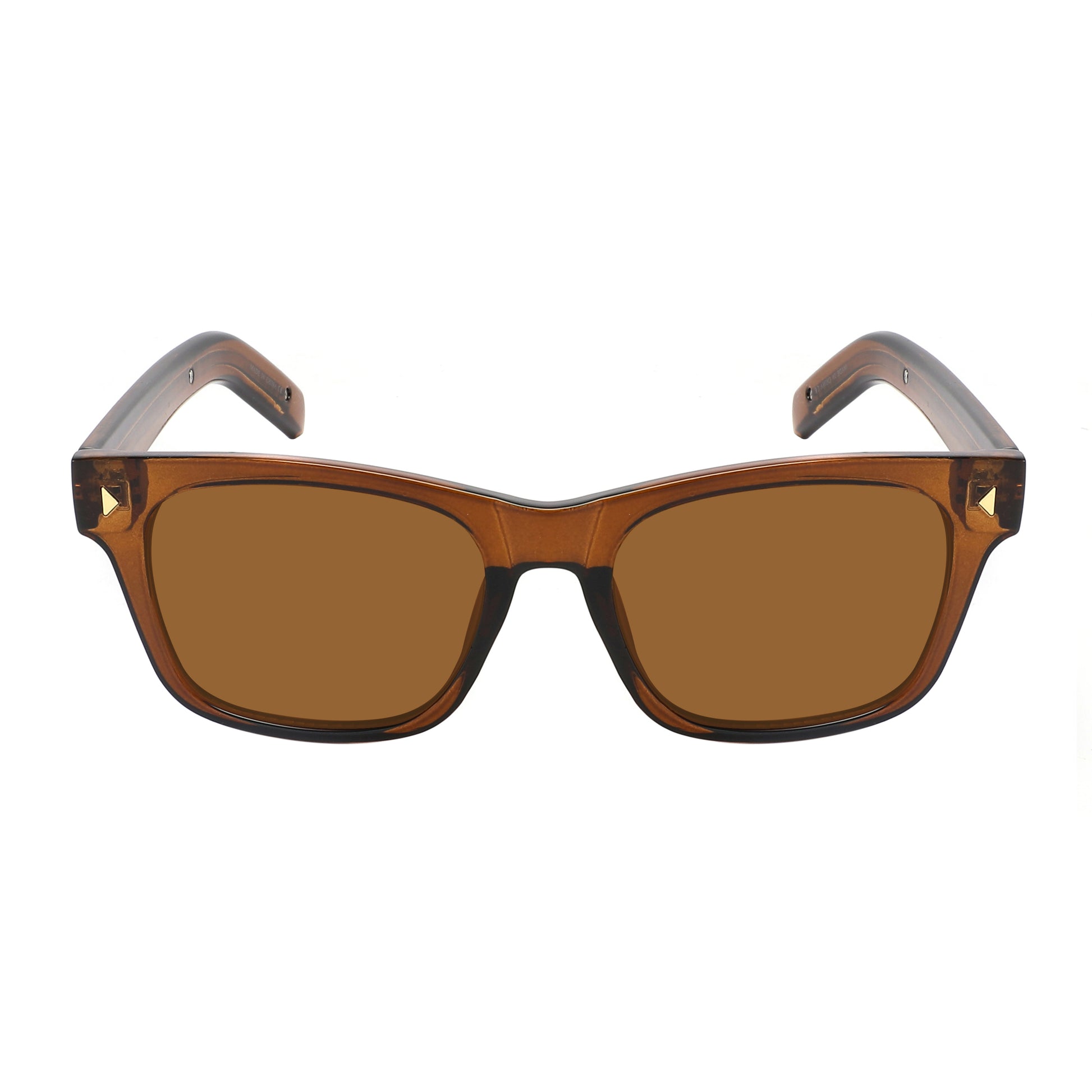 Timeless style with these classic retro sunglasses, featuring a sleek crystal brown frame, dark brown polycarbonate lenses, and subtle metal diamond rivet accents.