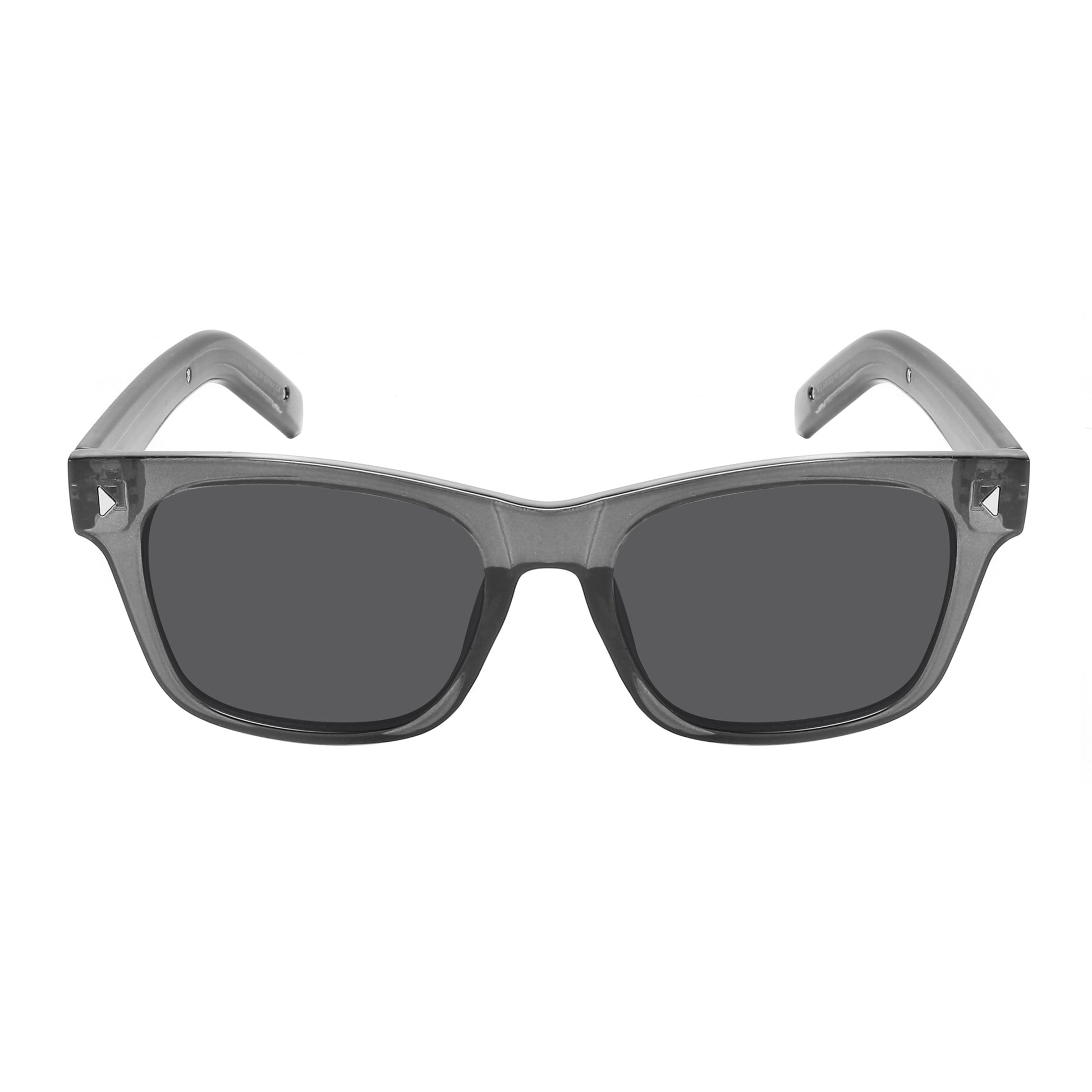 Timeless style with these classic retro sunglasses, featuring a sleek cristal gray frame, dark smoke polycarbonate lenses, and subtle metal diamond rivet accents.