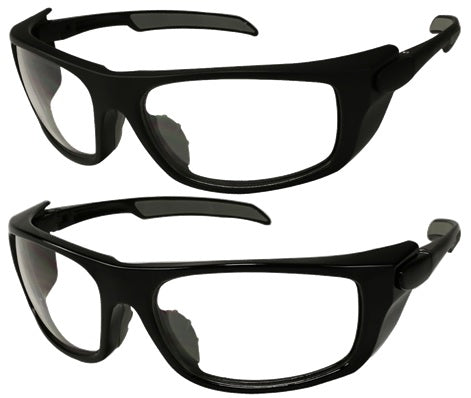 Two pairs of black sunglasses on a white background